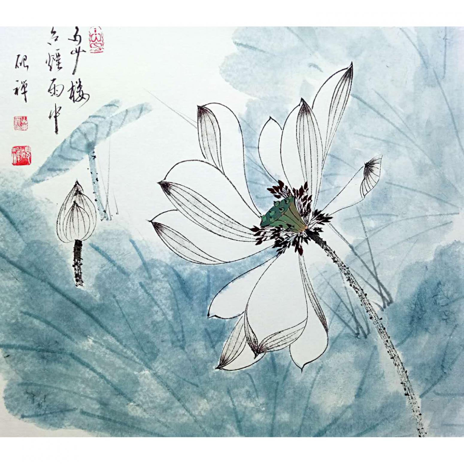 张清永国画作品《【雨中荷】》