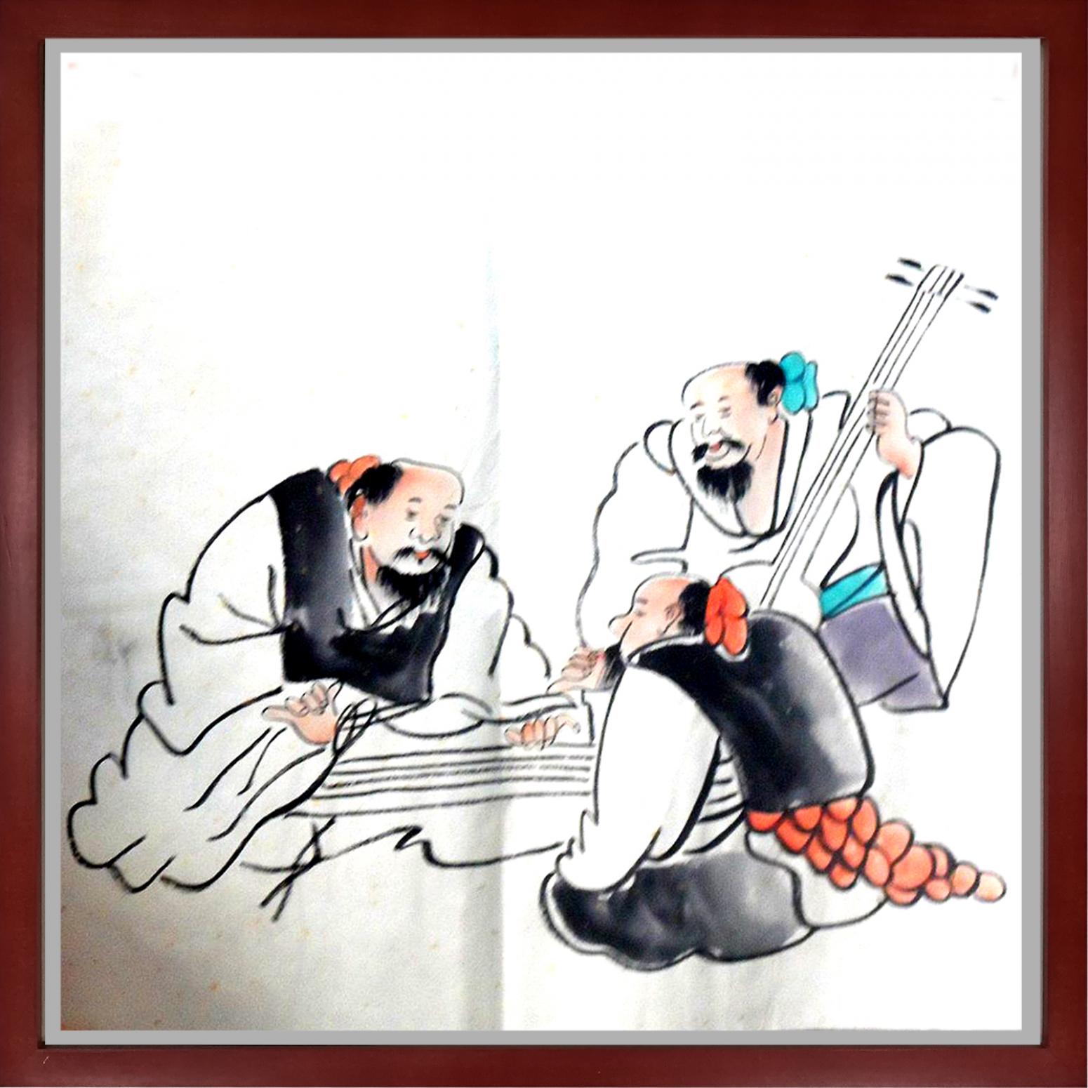 国画作品《弹琴对弈》