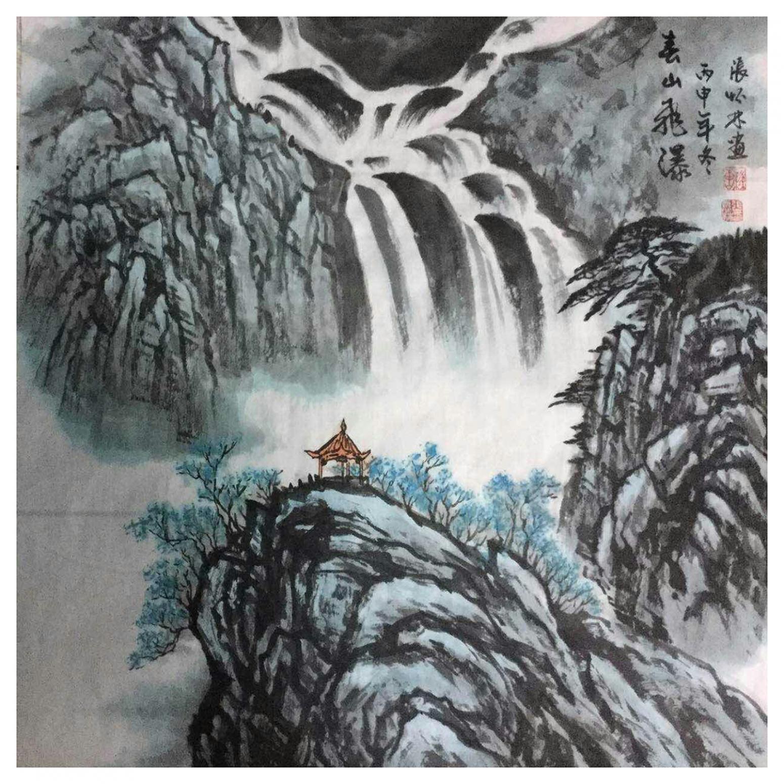 张怀林国画作品《【泰山飞瀑1】作者张怀林》