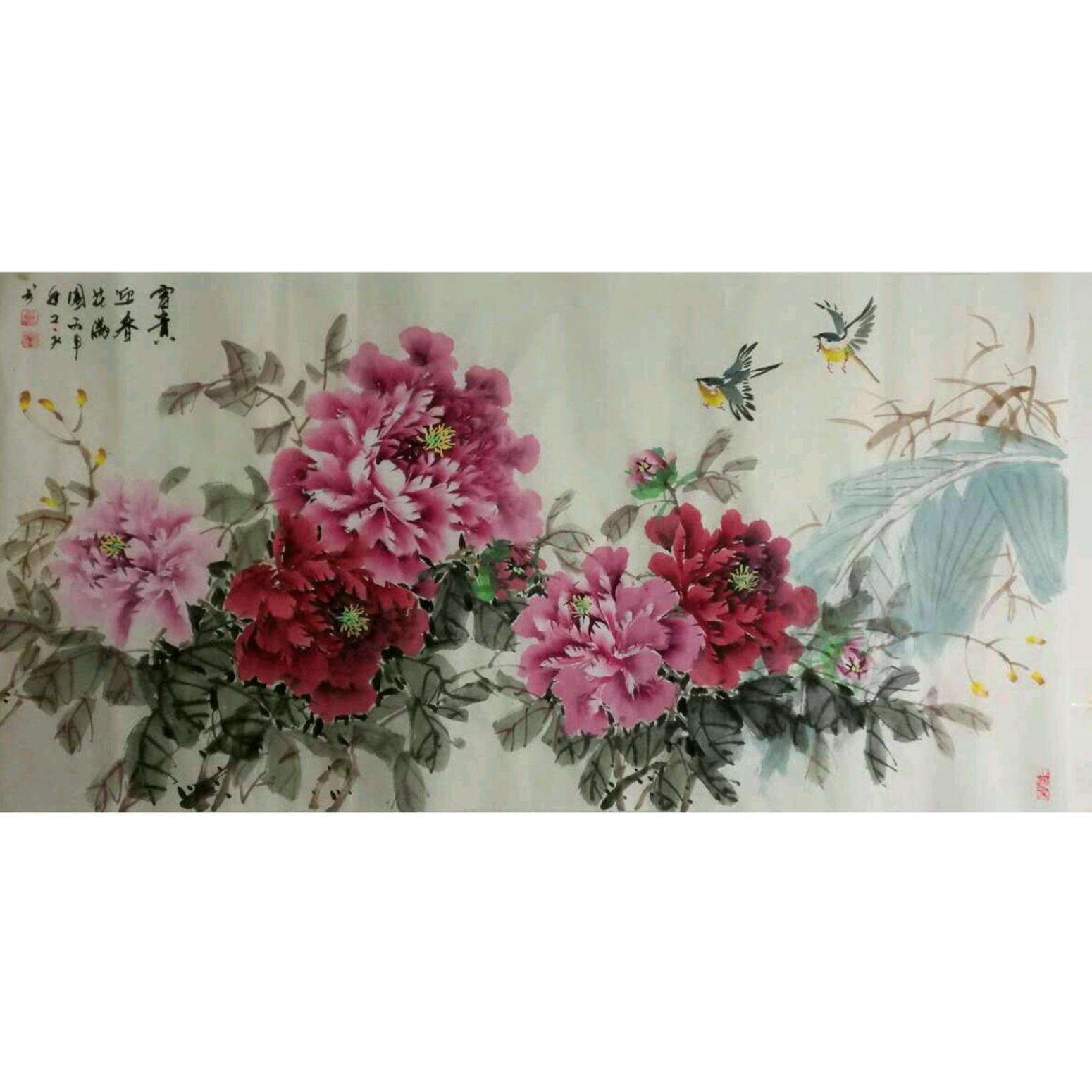 王长泉国画作品《富贵迎春花满园》