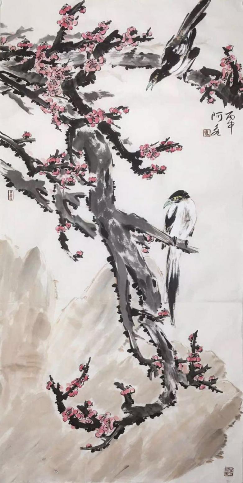 王君永国画作品《【喜鹊登梅】作者王君永》【图0】