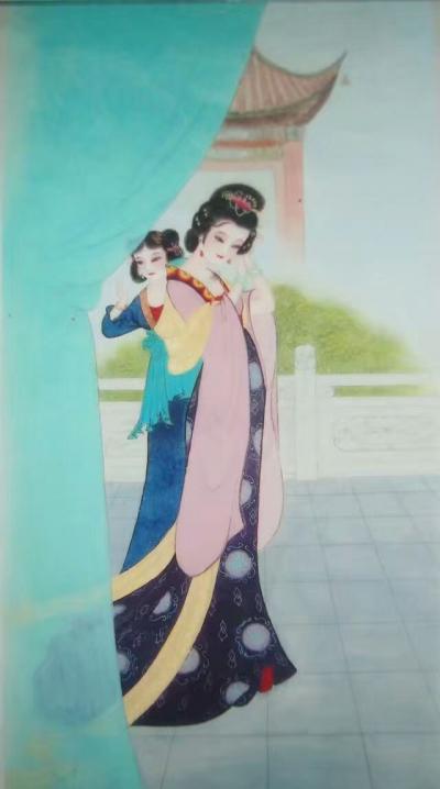 徐景莲日记-早上去了文德路买笔纸，看到有一客人买了假画(印刷品)。客人在画廊看上一幅六尺工笔【图1】