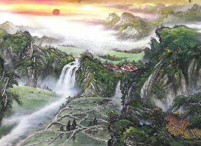 周卫红日记-小八尺重彩山水，97x240Cm。【图1】