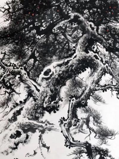 罗树辉日记-四尺整纸《雄风》老松上，两只猴子在玩耍。猴妈妈说：孩子，放大胆地玩吧，你行的！于【图3】