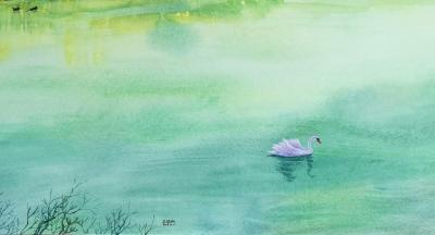 王征明日记-杭州四季风情酒店的佳肴，其生动的天鹅造型与我的水意画对比。【图3】