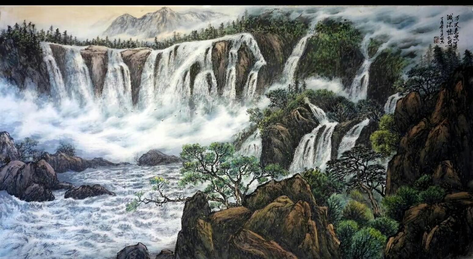 康笑枫 国画 代理国画作品《康笑枫国画作品《万丈悬泉落溅沬惊飞鸟》》