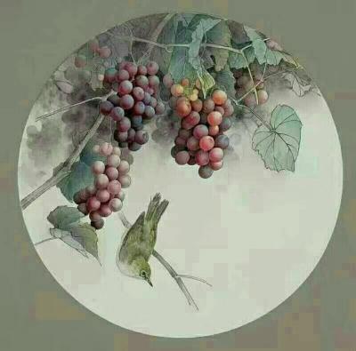 李津日记-工笔作品，45厘米直径、二平尺的葡萄精品团扇作品，可以看到葡萄熟透了晶莹剔透肉质【图2】