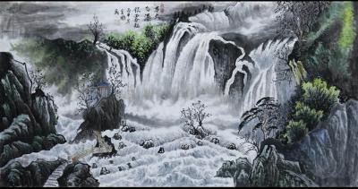 康笑枫 国画 代理生活-【名称】《万丈飞瀑》—国画（未装裱）
【尺寸】69x135cm
【年代】20【图1】