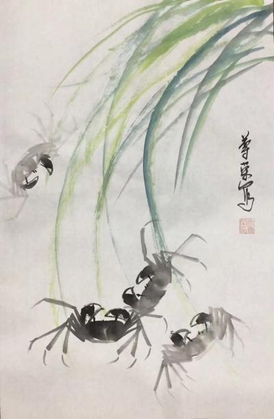 李尊荣日记-鱼，虾，蟹，《春游》《和谐之家》四尺三开  ～李尊荣作品【图8】