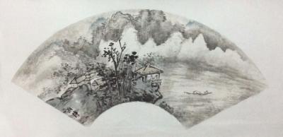 郭雨铮日记-完成一幅扇面：溪亭送别圖·
案頭诗卷砚邊帖，纸上丹青燈下人。【图1】