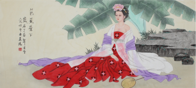 凌雪日记-精品工笔四尺横幅人物画《芭蕉叶下》【图1】