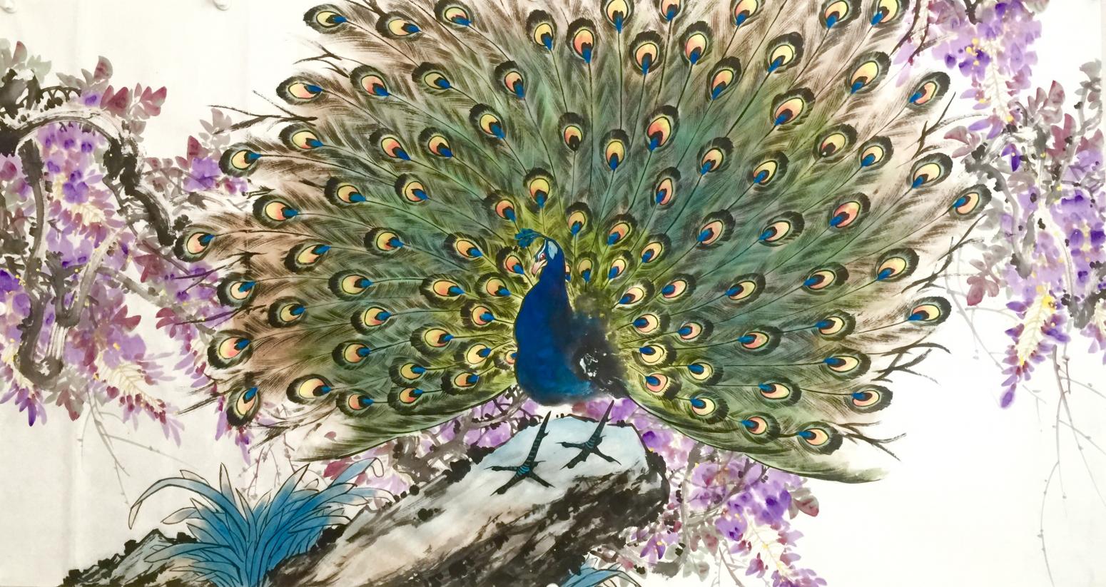 赵仲谋国画作品《孔雀开屏吉祥图》【图1】