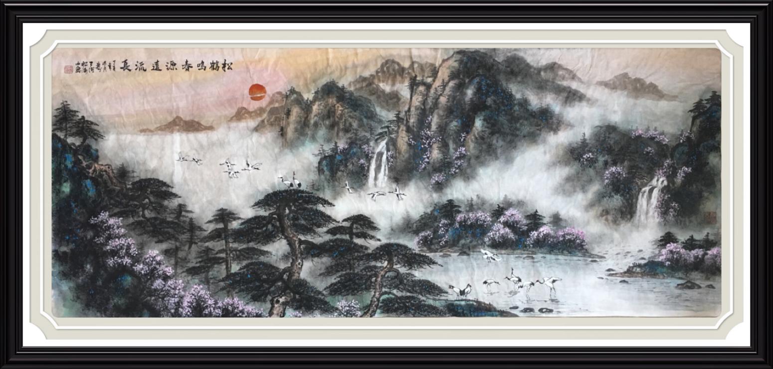 谭松涛国画作品《松鹤鸣春》