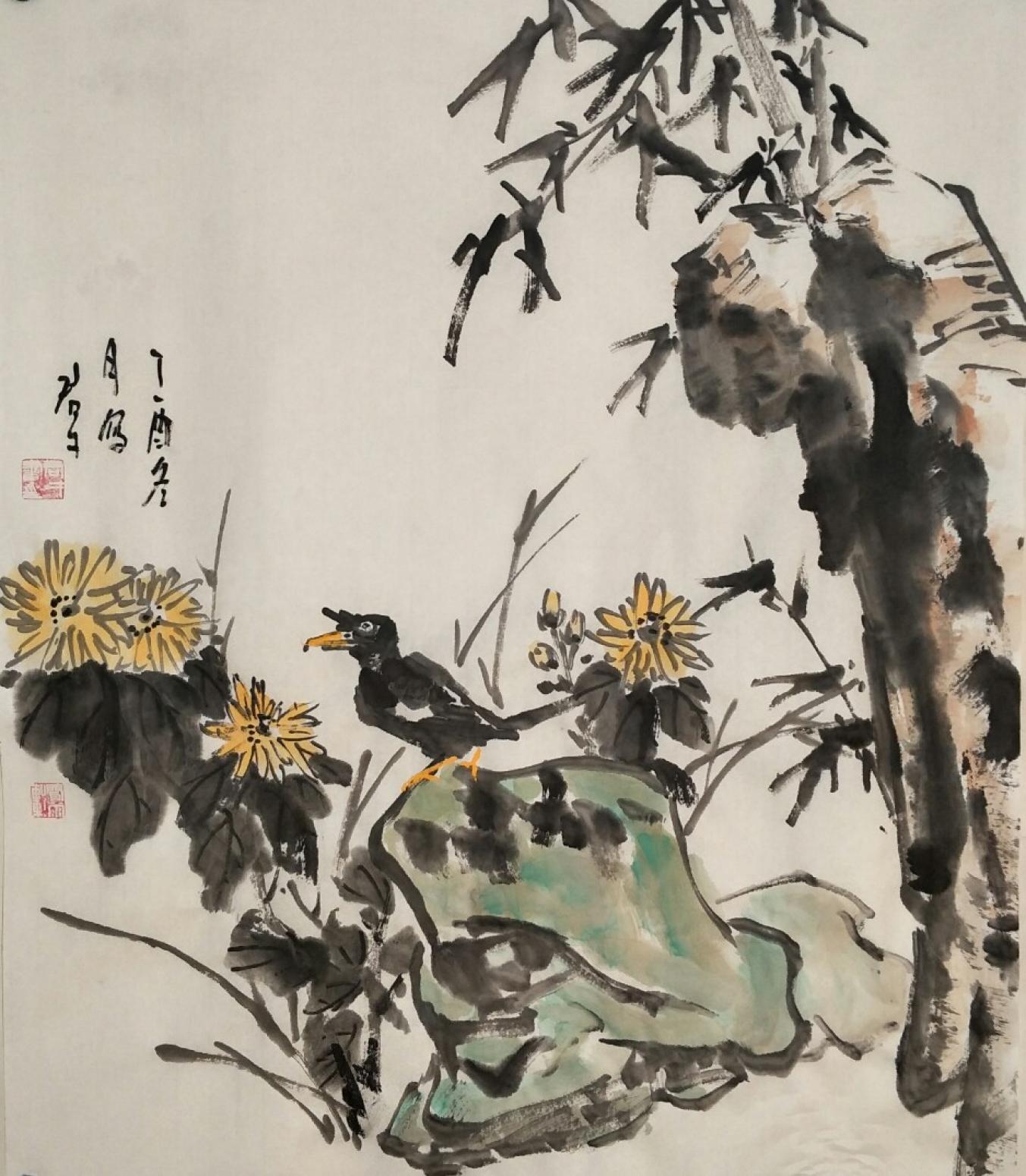 田君才国画作品《秋菊》