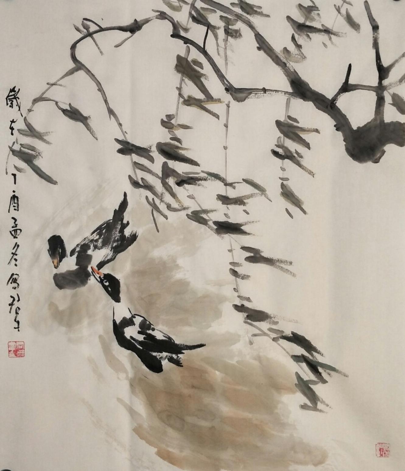 田君才国画作品《双鸭》