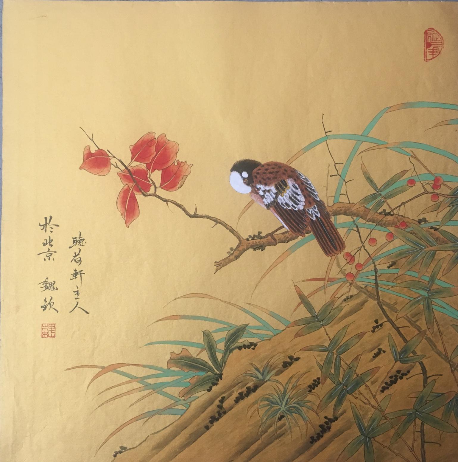 魏钦国画作品《红叶小鸟》