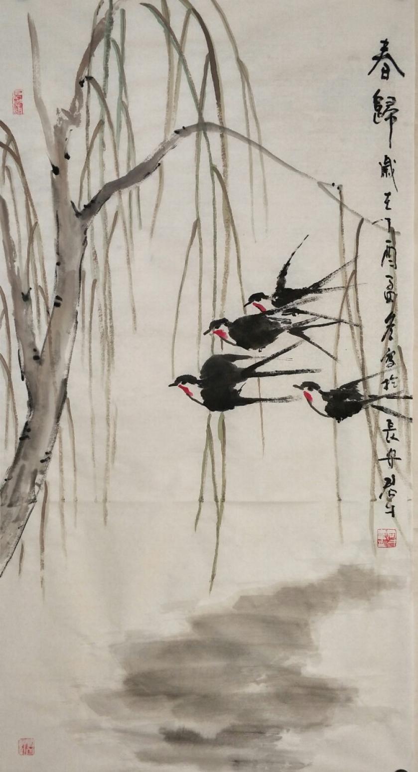 田君才国画作品《春归》