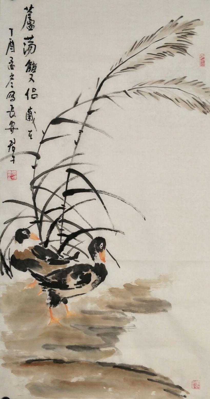 田君才国画作品《芦荡双侣》