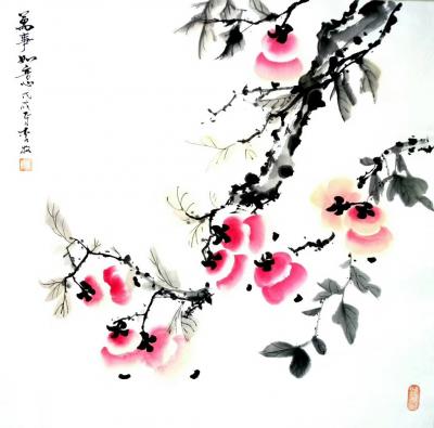 李牧日记-国画新作《事事如意》，柿叶翻红霜景秋，碧天如水倚红楼。
隔窗爱竹有人问，遣向邻【图4】