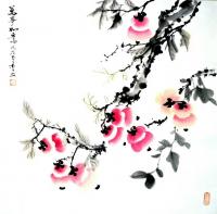 艺术家李牧日记:国画新作《事事如意》，柿叶翻红霜景秋，碧天如水倚红楼。
隔【图3】