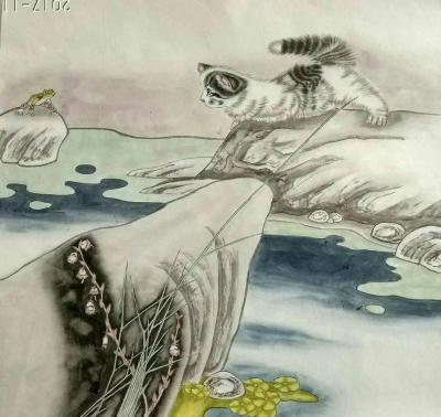 石海博日记-精品猫咪《猫咪戏蝶图》《猫咪戏蚂蚱》《猫咪嬉戏图》，国画工笔，新近完成未题款，喜【图2】