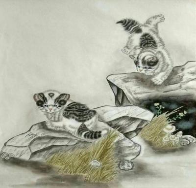 石海博日记-精品猫咪《猫咪戏蝶图》《猫咪戏蚂蚱》《猫咪嬉戏图》，国画工笔，新近完成未题款，喜【图3】