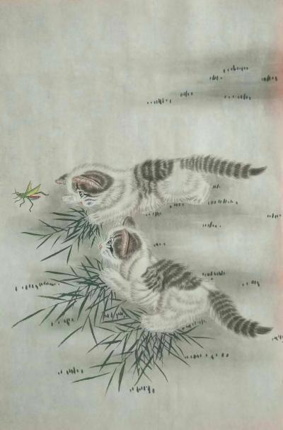 石海博日记-精品猫咪《猫咪戏蝶图》《猫咪戏蚂蚱》《猫咪嬉戏图》，国画工笔，新近完成未题款，喜【图4】