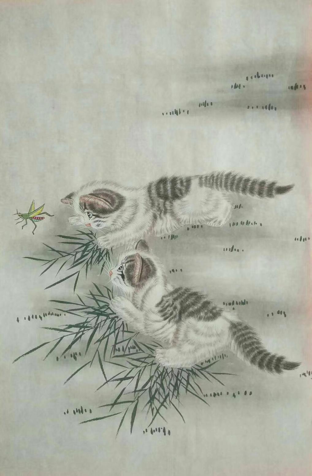 石海博国画作品《猫咪戏蚂蚱》