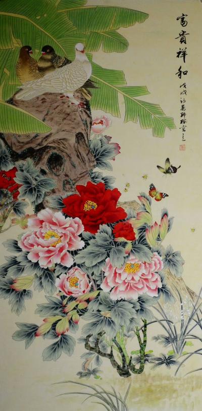 韩梅日记-四尺整张工笔花鸟画，《飞雪迎春》《富贵祥和》，欢迎定制，韩梅【图1】