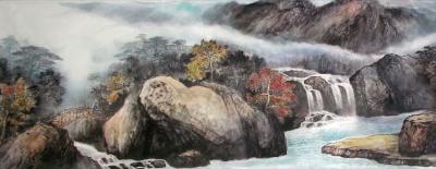 严巍日记-山水国画《秋林泉声》《初秋》，尺寸60x130cm，严巍作品【图1】
