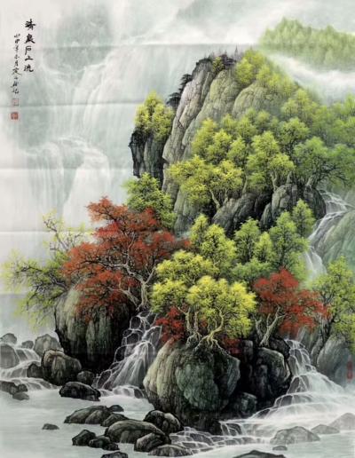 徐建清日记-今日完成客户订单，《清泉石上流》，国画山水画，60x90cm，徐建清与友共赏【图1】