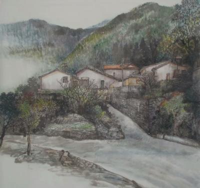 严巍日记-严巍写生原创国画山水画《大山虽秋绿依浓》，尺寸68x68,【图1】