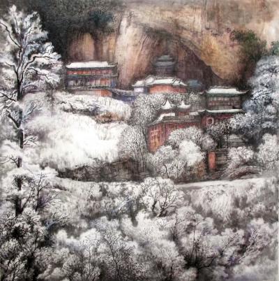 严巍日记-《深山古寺逢瑞雪》，严巍原创国画山水画，尺寸68x68【图1】