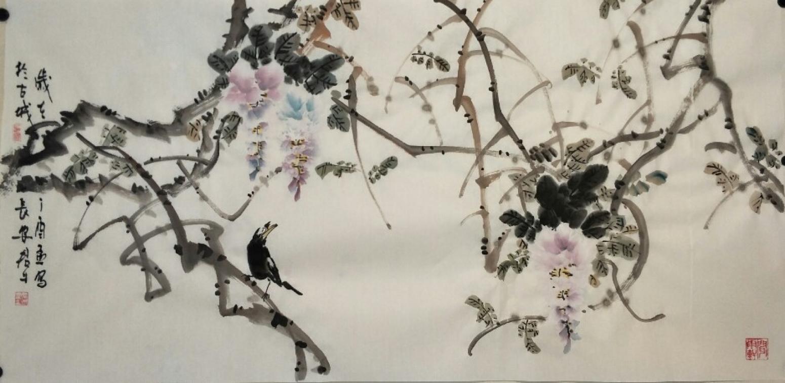 田君才国画作品《紫藤》