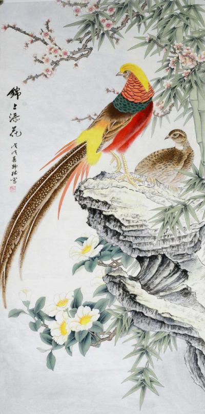 韩梅收藏-四尺整张工笔花鸟画《锦上添花》《繁花似锦》，韩梅作品，欢迎订制。【图1】