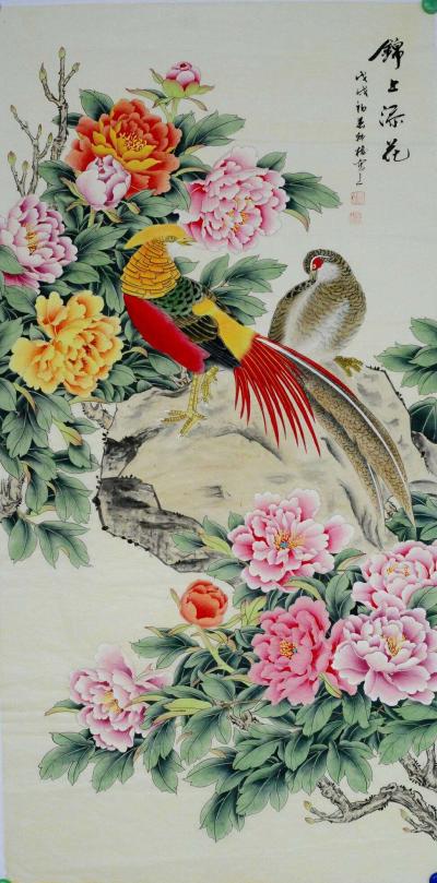 韩梅收藏-四尺整张工笔花鸟画《锦上添花》《繁花似锦》，韩梅作品，欢迎订制。【图2】