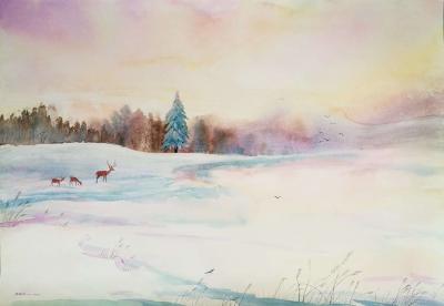 王征明日记-水意画新作《雪原》，尺寸80x60，王征明【图1】