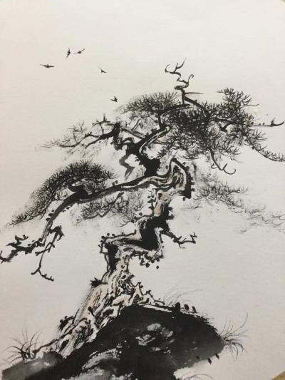 罗树辉日记-小团扇《山静松声远》。刚刚朋友约去工作室坐。很久没去工作室了。品茶间忽然手痒，拿【图1】