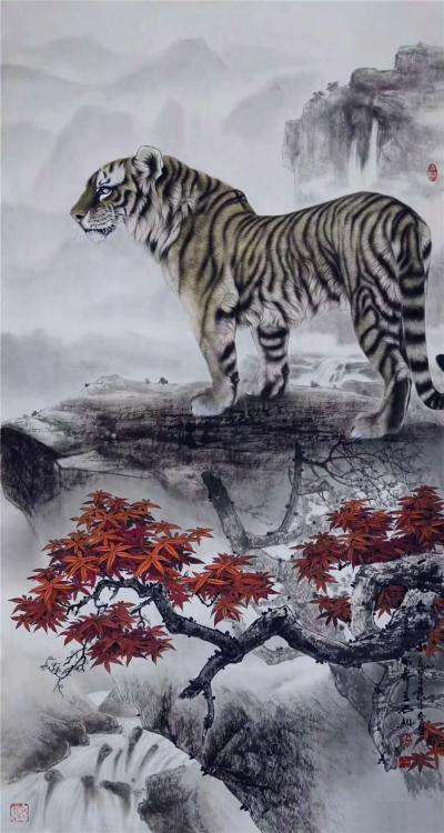 石川收藏-国画动物《一览众山小》
 秋夜寒，枫叶残，百色秋姿皆是觞。淡淡秋意浓，丝丝落枫【图1】