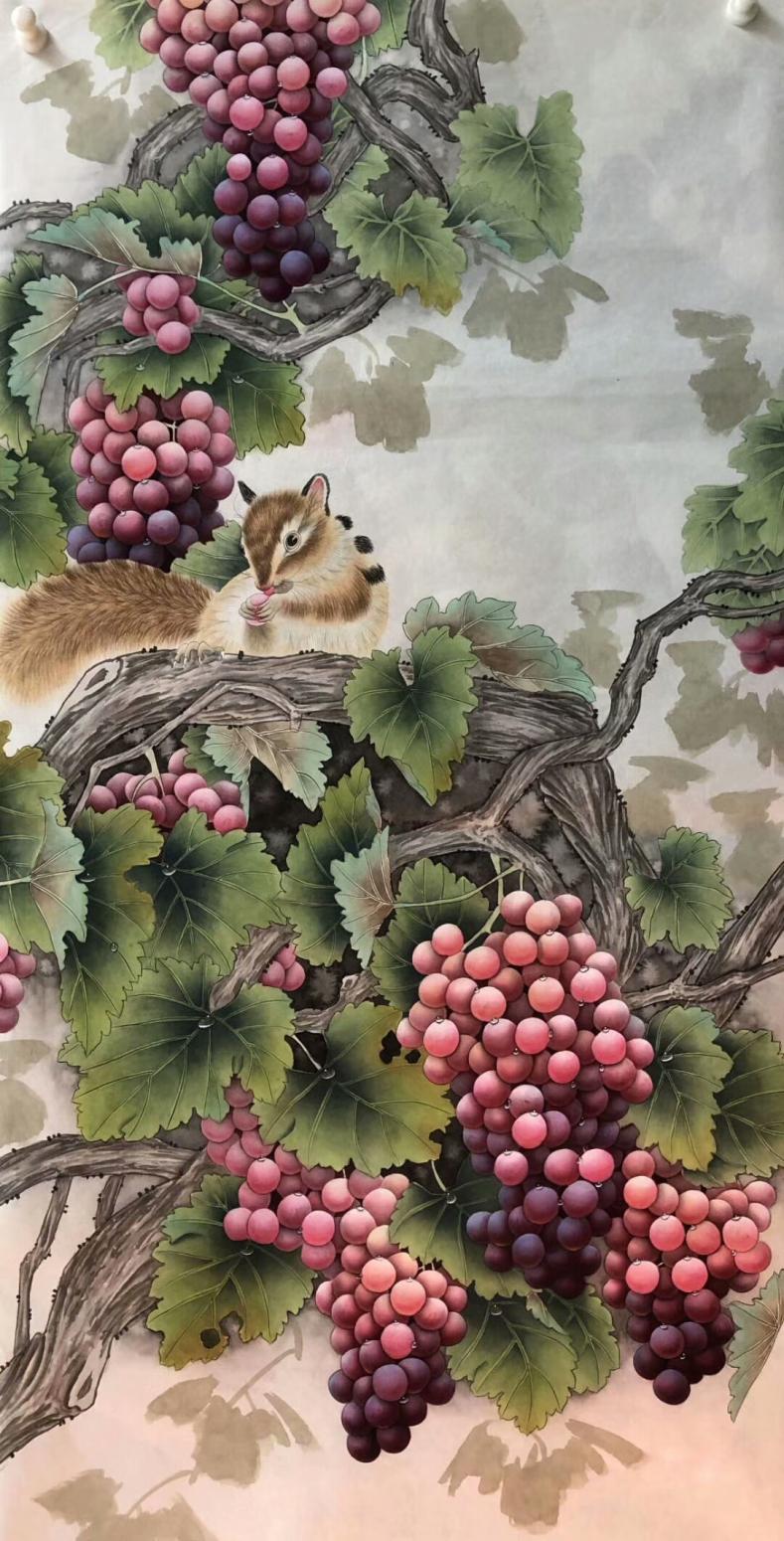 王丁国画作品《工笔葡萄》