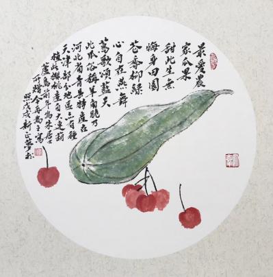 石梦松日记-最爱农家瓜果甜，此生无悔寄田园。花香柳绿身自在，燕舞莺歌颂蓝天。石梦松国画作品【图1】