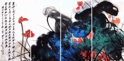 张近生日记-6尺整纸泼彩《风送荷香》分成四条屏效果，张近生国画作品【图1】