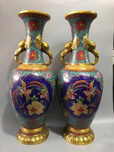 东方古玩城堡收藏-回流老景泰蓝大象耳双凤戏牡丹图花瓶摆件一对，尺寸20×58cm，喜欢私聊我【图1】