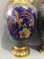 艺术家东方古玩城堡收藏:回流老景泰蓝大象耳双凤戏牡丹图花瓶摆件一对,尺寸20×58c【图5】