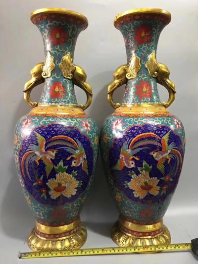 东方古玩城堡收藏-回流老景泰蓝大象耳双凤戏牡丹图花瓶摆件一对，尺寸20×58cm，喜欢私聊我【图7】