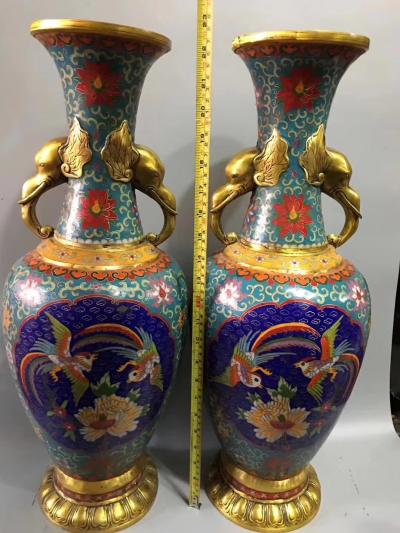 东方古玩城堡收藏-回流老景泰蓝大象耳双凤戏牡丹图花瓶摆件一对，尺寸20×58cm，喜欢私聊我【图8】