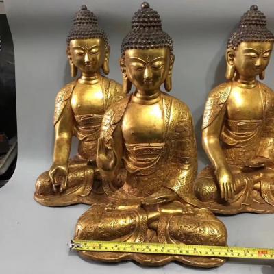 东方古玩城堡收藏-老铜镀金坐佛像西方三圣铜佛像摆件一套，尺寸细节如图，【图4】