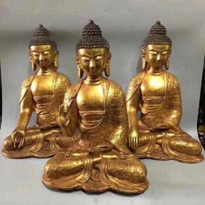 东方古玩城堡收藏-老铜镀金坐佛像西方三圣铜佛像摆件一套，尺寸细节如图，【图7】