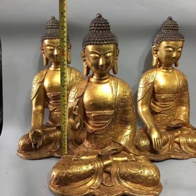 东方古玩城堡收藏-老铜镀金坐佛像西方三圣铜佛像摆件一套，尺寸细节如图，【图8】