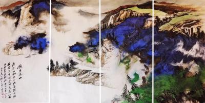 张近生日记-张近生国画新作，《阔浦遥山》分割成四条屏效果。【图1】